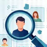 Illustrazione di una lente di ingrandimento su profili di candidati