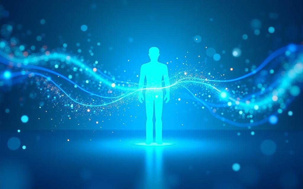 Illustrazione astratta che rappresenta il flusso di dati e la connessione umana in uno spazio digitale